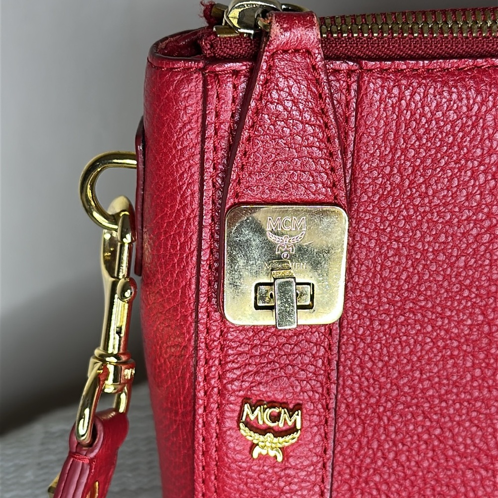 MCM Large Red Leather Studded Crossbody Tote Bag - Picture 4 of 15